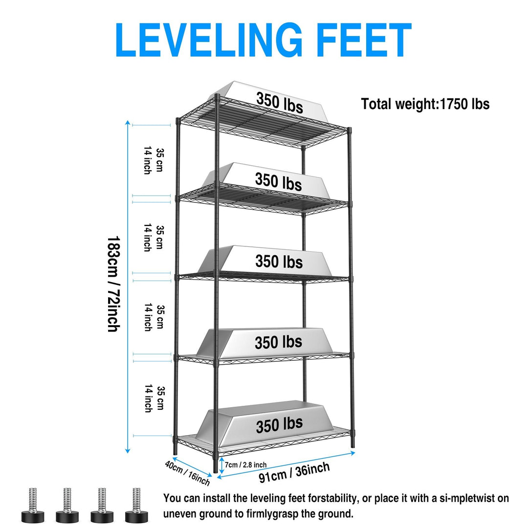 Heavy Duty 5 Tier Wire Shelving Unit Black 72H 36L x 16W Steel Storage Rack Image 9