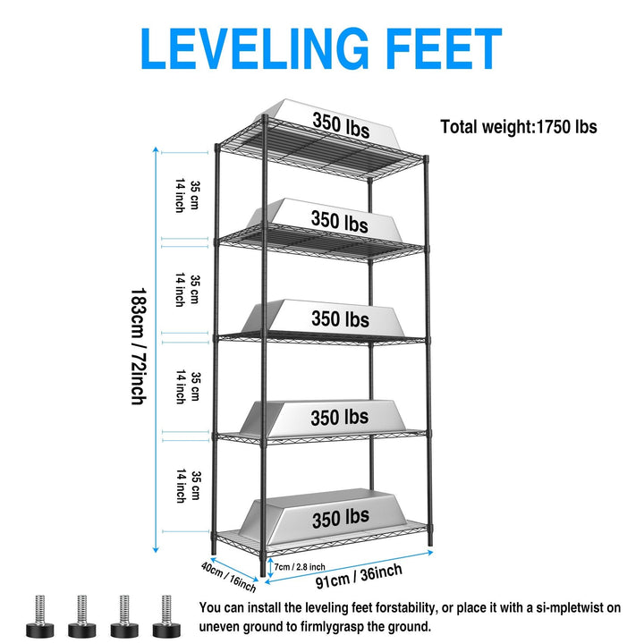 Heavy Duty 5 Tier Wire Shelving Unit Black 72H 36L x 16W Steel Storage Rack Image 9