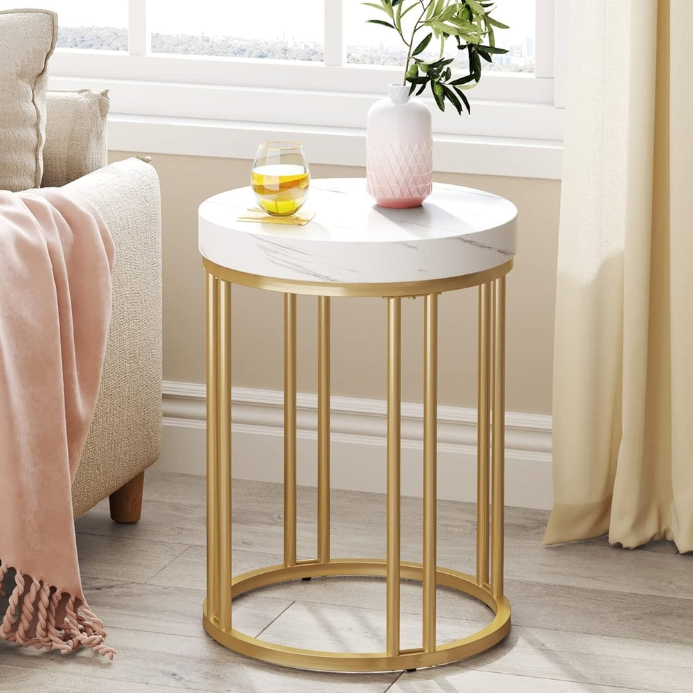 Tribesigns Round End Table, Modern Nightstand with Metal Frame, Wood Bedside Accent Table, White and Gold Image 2