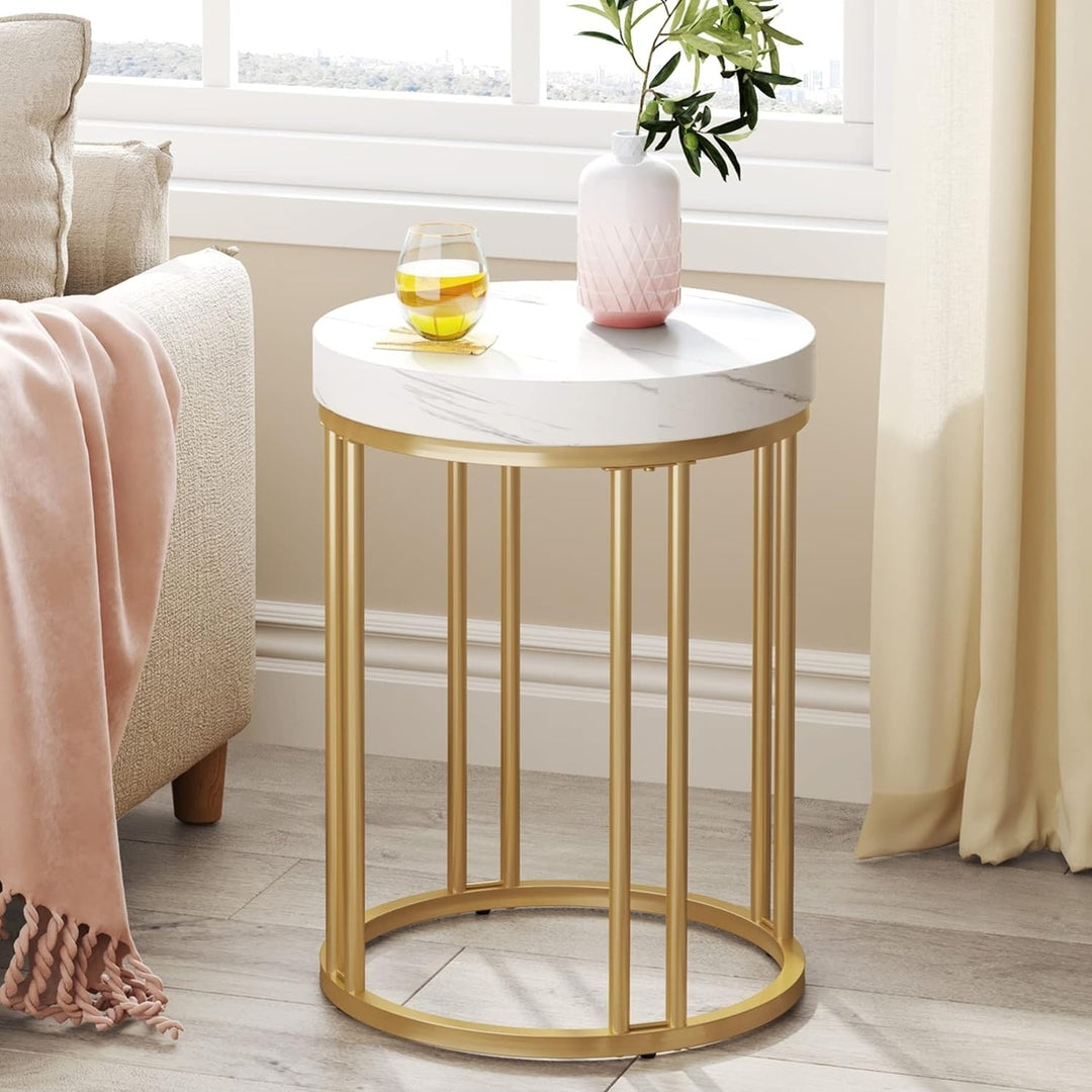 Tribesigns Round End Table, Modern Nightstand with Metal Frame, Wood Bedside Accent Table, White and Gold Image 2