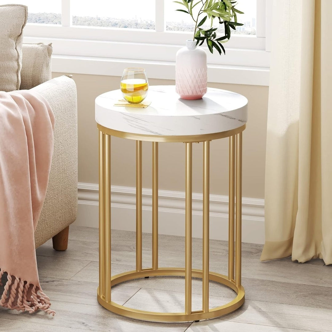 Tribesigns Round End Table, Modern Nightstand with Metal Frame, Wood Bedside Accent Table, White and Gold Image 1