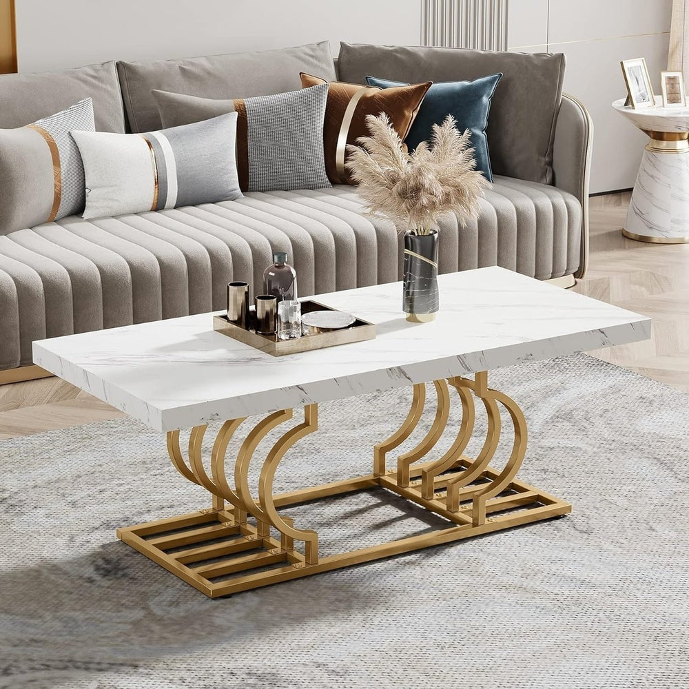 Tribesigns 47" Modern Coffee Table Faux Marble Rectangular Accent Table Gold Frame Image 2