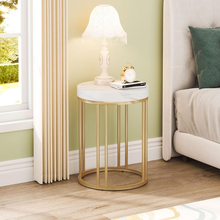 Tribesigns Round End Table, Modern Nightstand with Metal Frame, Wood Bedside Accent Table, White and Gold Image 3