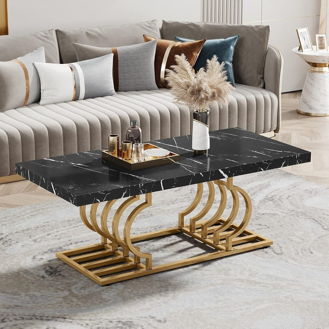 Tribesigns 47" Modern Coffee Table Faux Marble Rectangular Accent Table Gold Frame Image 6