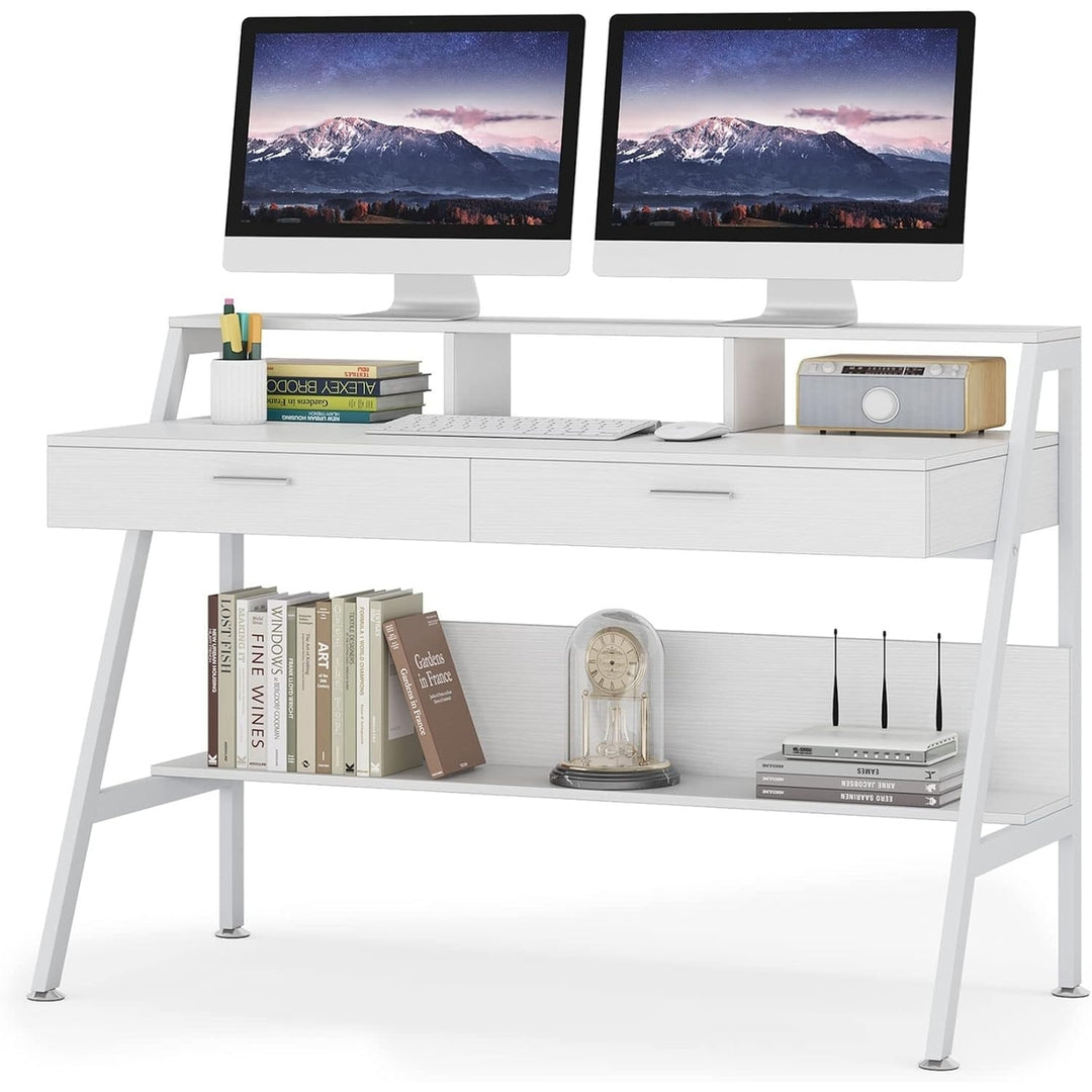 Tribesigns White Computer Desk 47 inch with Storage Shelf and Monitor Stand Image 1