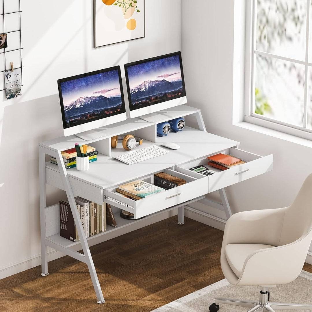 Tribesigns White Computer Desk 47 inch with Storage Shelf and Monitor Stand Image 2