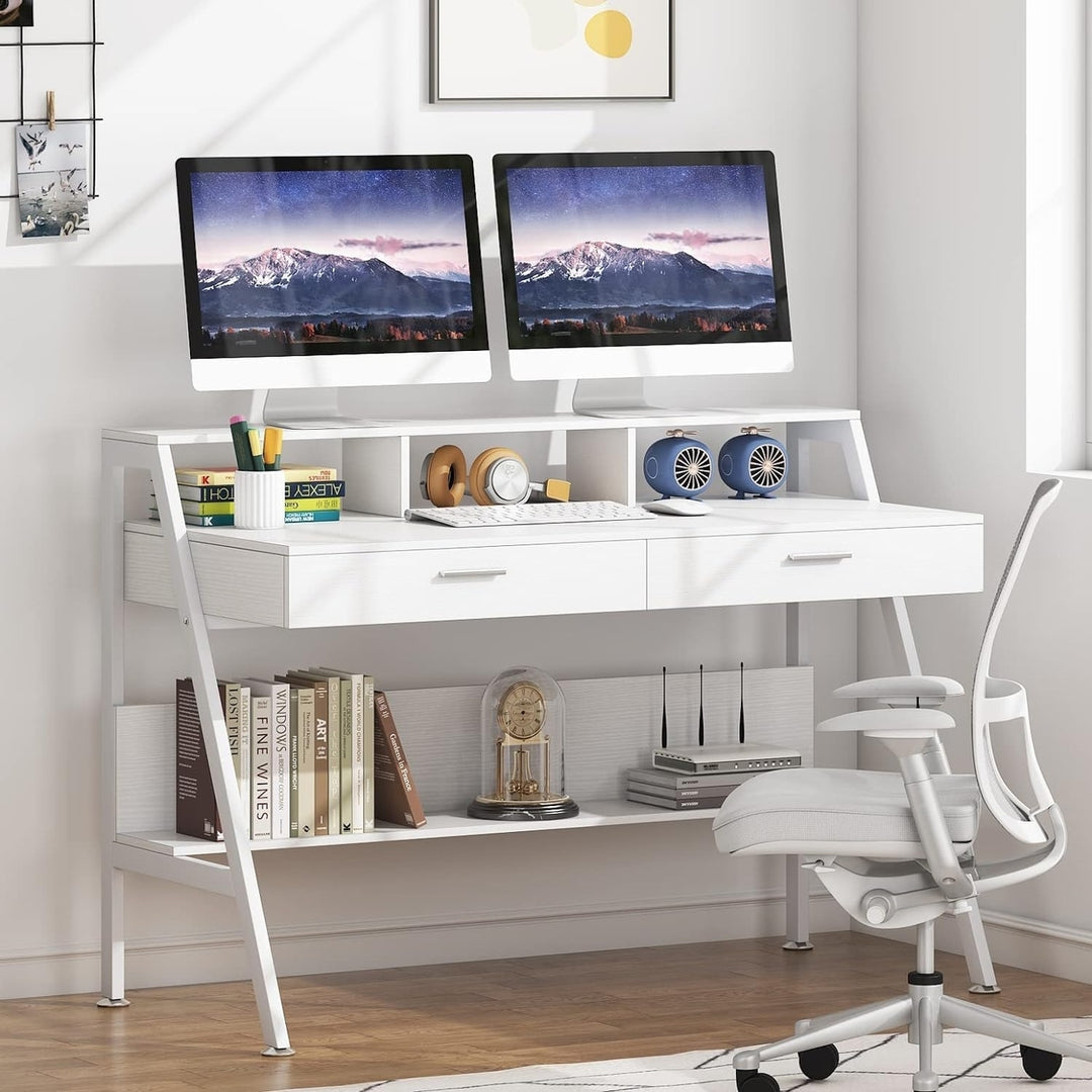 Tribesigns White Computer Desk 47 inch with Storage Shelf and Monitor Stand Image 3