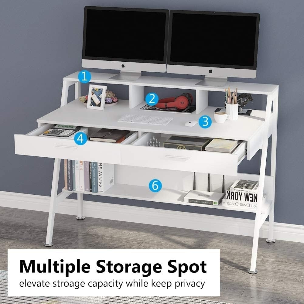 Tribesigns White Computer Desk 47 inch with Storage Shelf and Monitor Stand Image 4