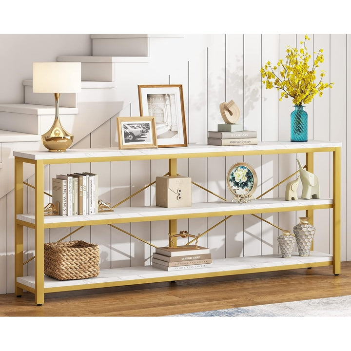 Tribesigns 70.8 Inch Sofa Table White Gold 3-Tier Storage Console Table Image 1