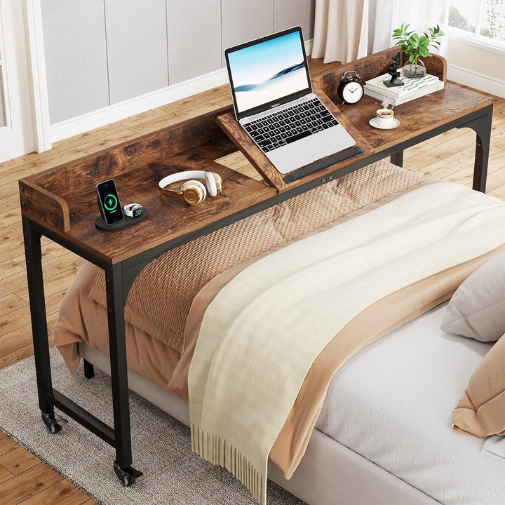 Tribesigns Overbed Table with Wheels, Mobile Laptop Cart Computer Desk with Adjustable Tilt Stand, Rustic Brown Image 1