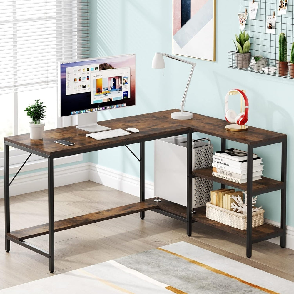 Tribesigns L-Shaped Desk Rustic Brown Reversible Corner Computer Desk with Shelf Image 2