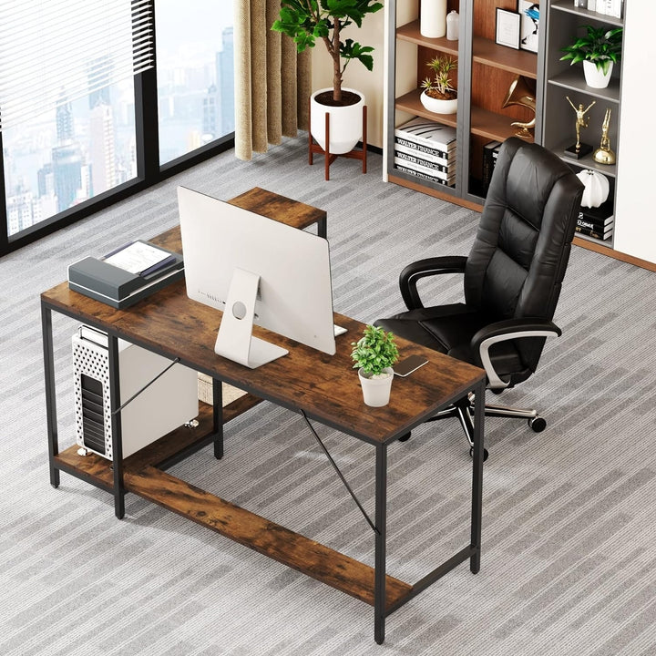 Tribesigns L-Shaped Desk Rustic Brown Reversible Corner Computer Desk with Shelf Image 3