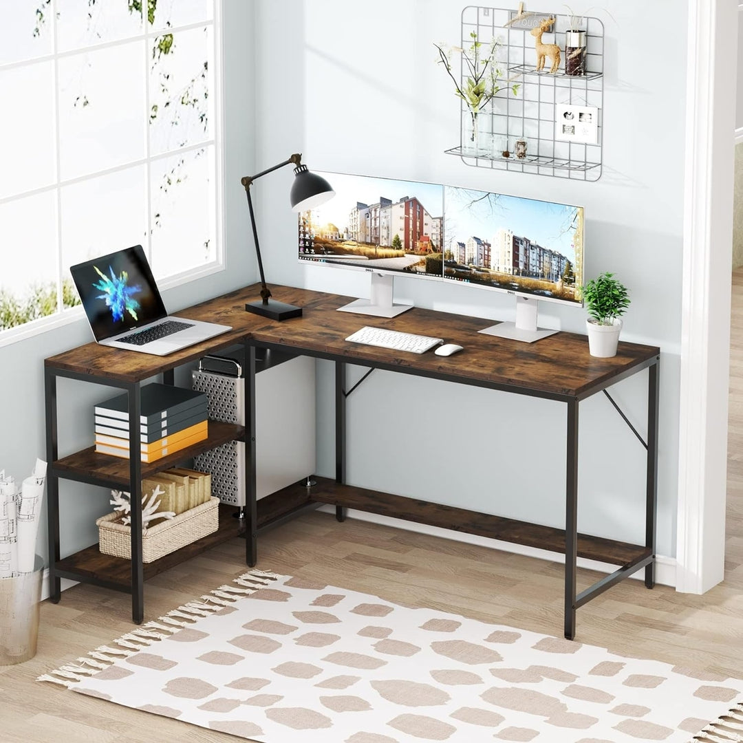 Tribesigns L-Shaped Desk Rustic Brown Reversible Corner Computer Desk with Shelf Image 4