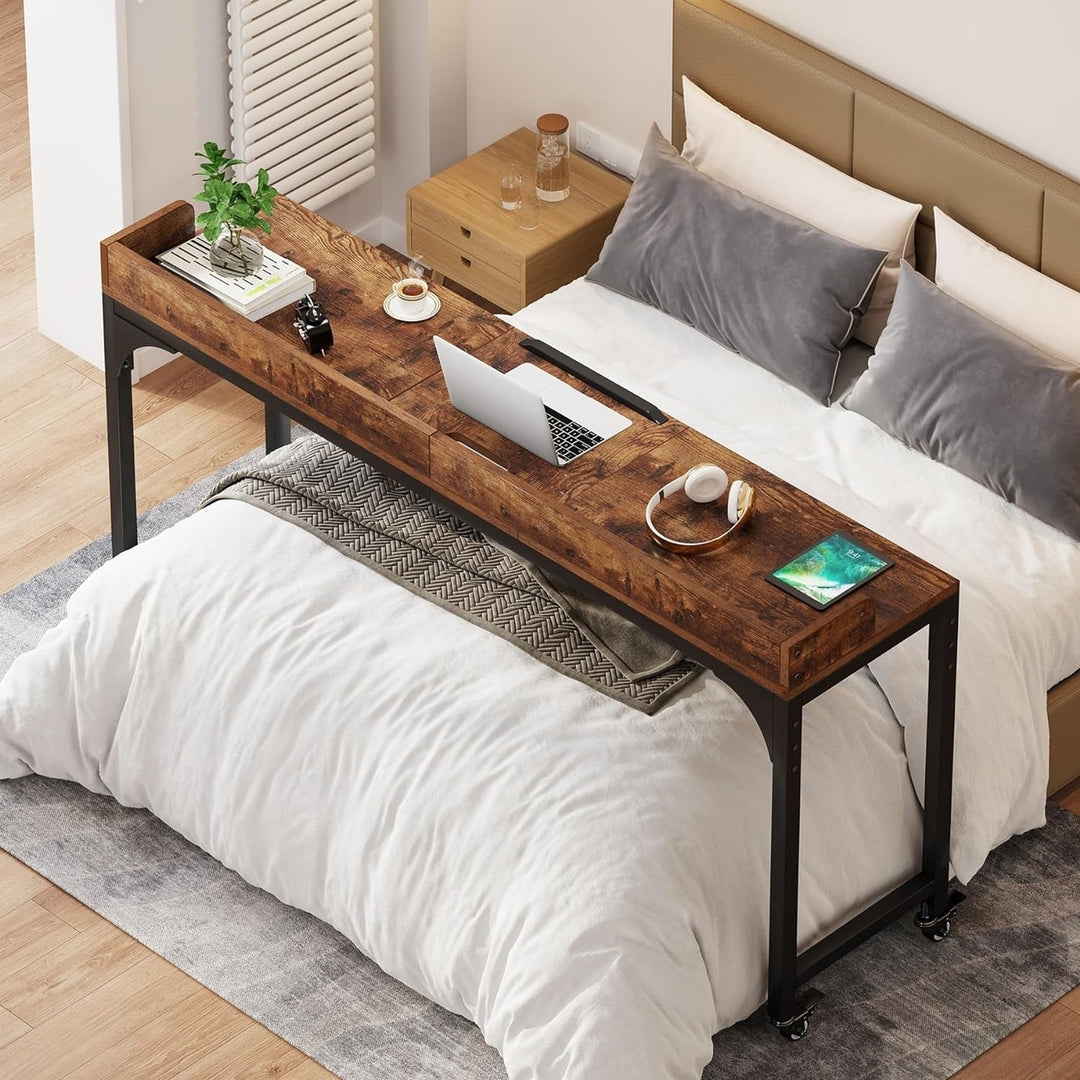 Tribesigns Overbed Table with Wheels, Mobile Laptop Cart Computer Desk with Adjustable Tilt Stand, Rustic Brown Image 2