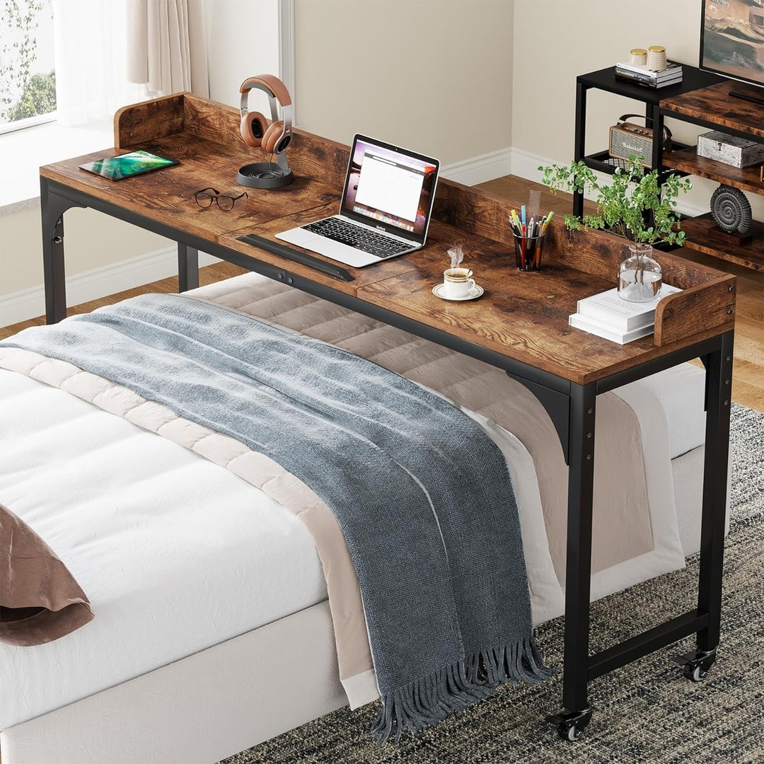 Tribesigns Overbed Table with Wheels, Mobile Laptop Cart Computer Desk with Adjustable Tilt Stand, Rustic Brown Image 3