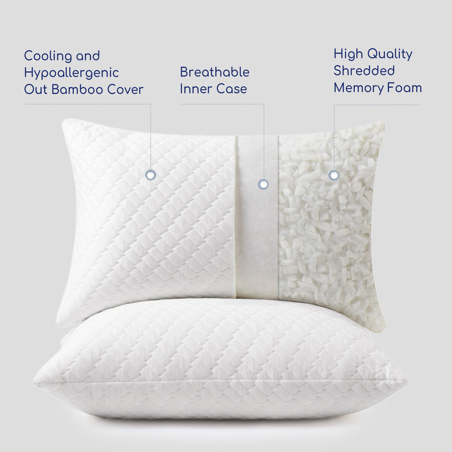 Shredded Memory Foam Adjustable Bed Pillows Extra Comfy Cooling Pillows Set of 2 Image 1