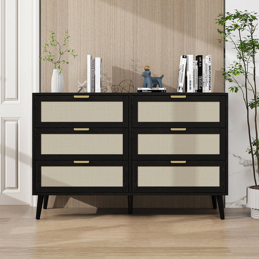 Black 6 Drawer Dresser Wood Cabinet Modern Style Easy Assembly Spacious Storage Image 1