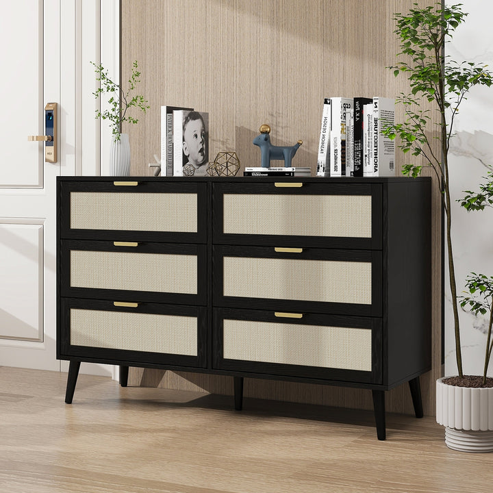 Black 6 Drawer Dresser Wood Cabinet Modern Style Easy Assembly Spacious Storage Image 3