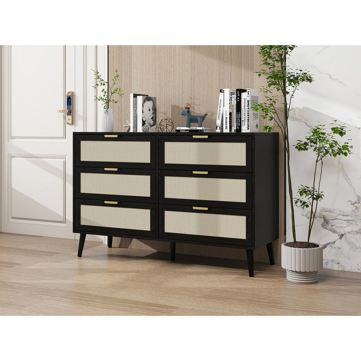 Black 6 Drawer Dresser Wood Cabinet Modern Style Easy Assembly Spacious Storage Image 4