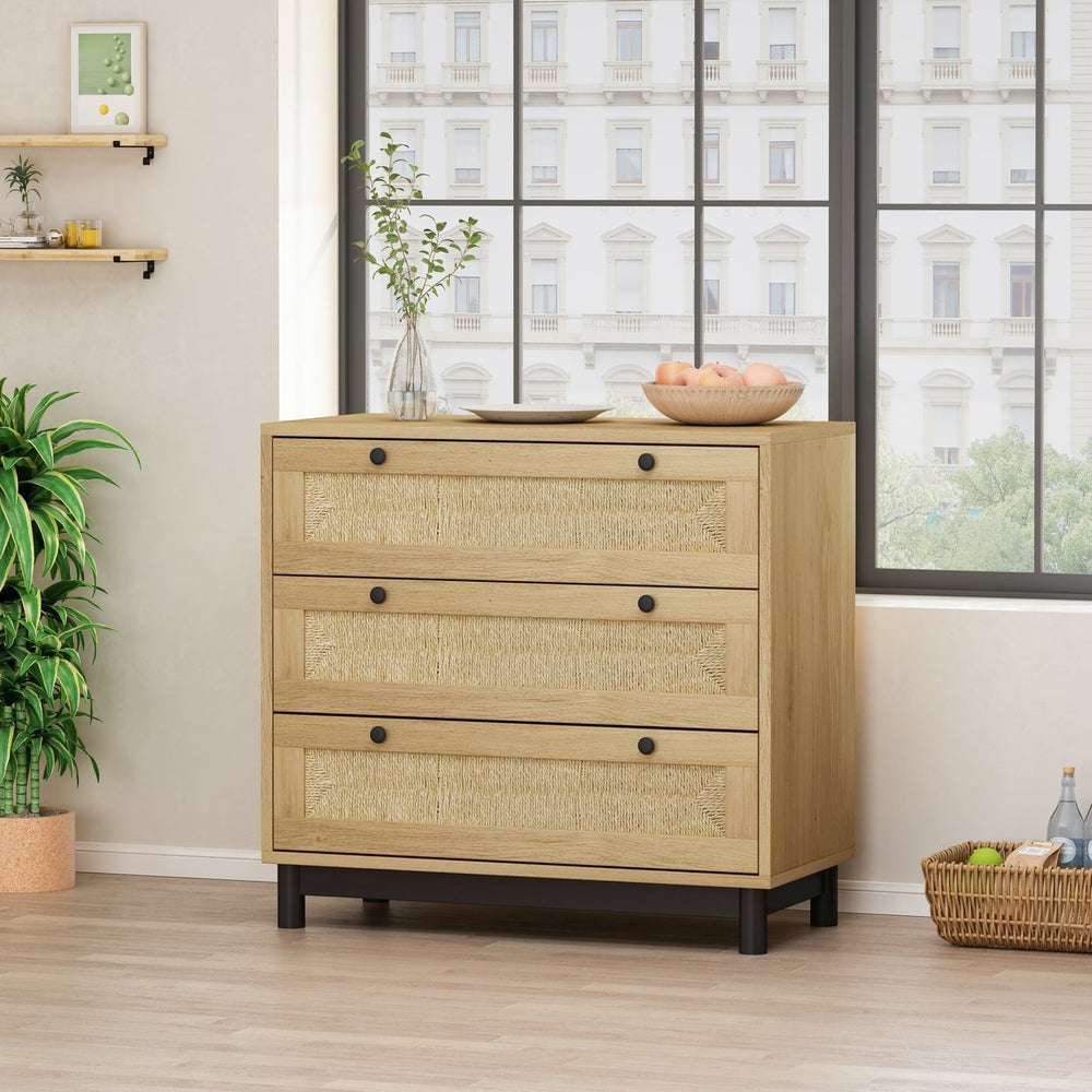 3-Drawer Storage Cabinet Oak Rope Woven Drawers MDF Pine Legs Living Room Bedroom Image 2