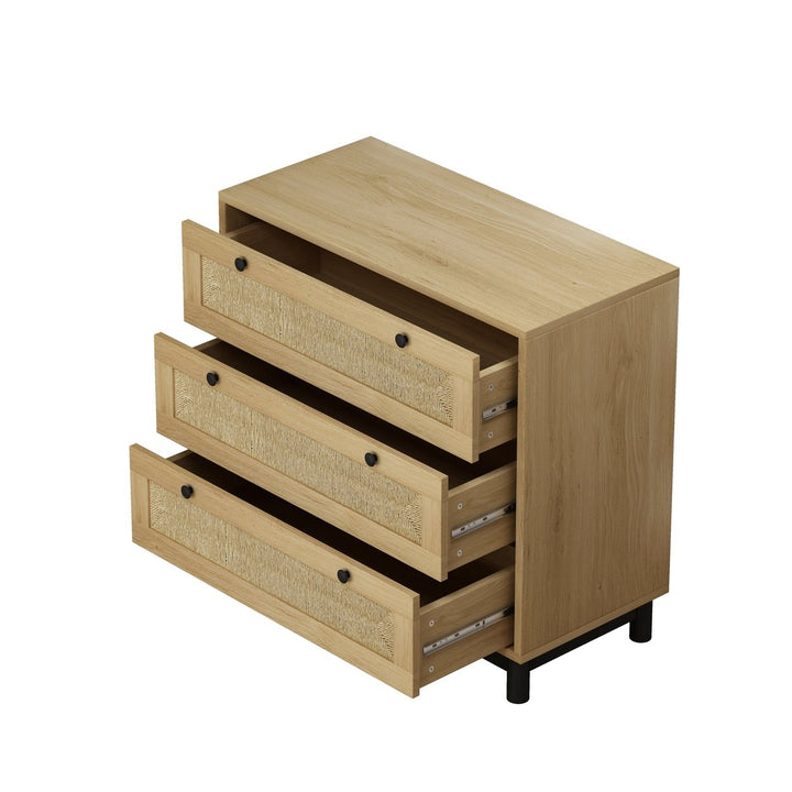 3-Drawer Storage Cabinet Oak Rope Woven Drawers MDF Pine Legs Living Room Bedroom Image 3