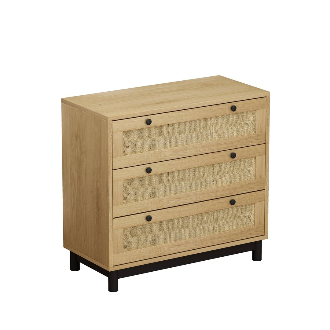 3-Drawer Storage Cabinet Oak Rope Woven Drawers MDF Pine Legs Living Room Bedroom Image 4