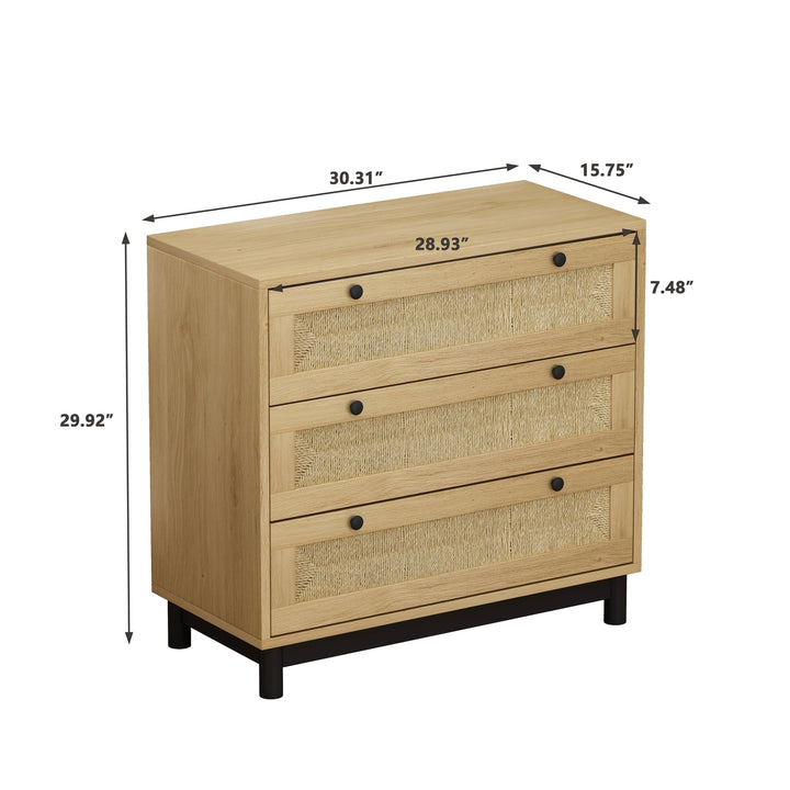 3-Drawer Storage Cabinet Oak Rope Woven Drawers MDF Pine Legs Living Room Bedroom Image 8