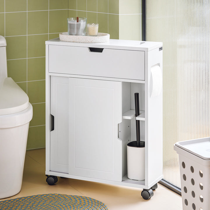 Haotian BZR31-W, White Toilet Paper Roll Holder, Bathroom Cabinet Storage Shelf on Wheels Image 1