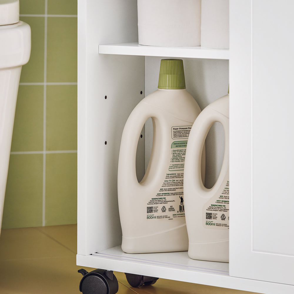 Haotian BZR31-W, White Toilet Paper Roll Holder, Bathroom Cabinet Storage Shelf on Wheels Image 2
