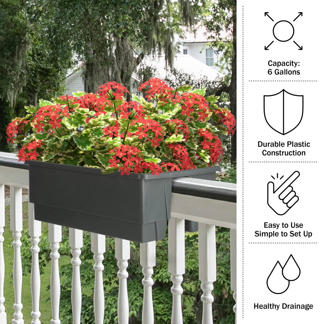 Railing Planter - 20.75-Inch Flower Box with Drainage Insert - 6-Gallon Outdoor Planter Box - Deck, Porch, or Balcony Image 7