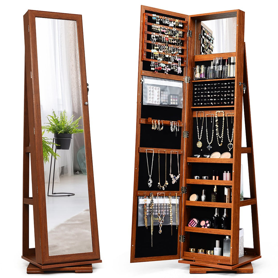 Costway 360degree Rotatable Jewelry Cabinet 2-in-1 Lockable Mirrored Organizer White/Black/Dark Brown Image 5