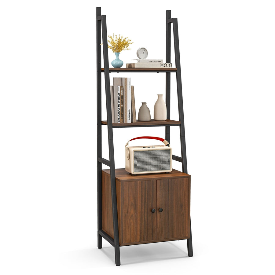 Ladder Shelf 3 Tier Bookcase Metal Frame Bookshelf W/Storage Cabinet Plant Stand Image 1