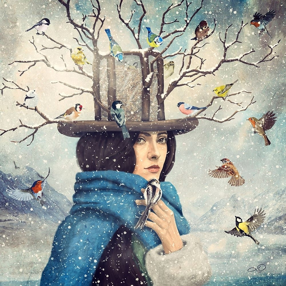 The Lady With The Bird Feeder Hat Poster Print - Paula Belle Flores-VARPDXF910D Image 1