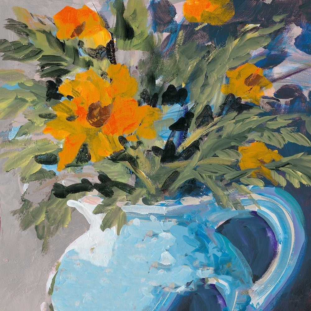 Orange Daisies in Blue Vase Poster Print - Jane Slivka-VARPDX5964AB Image 1