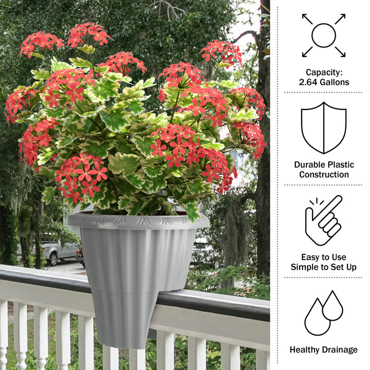 Railing Planter - 13.5-Inch Round Flower Box with Drainage Insert - 2.64-Gallon Outdoor Planter Box for Deck, Porch, or Image 5