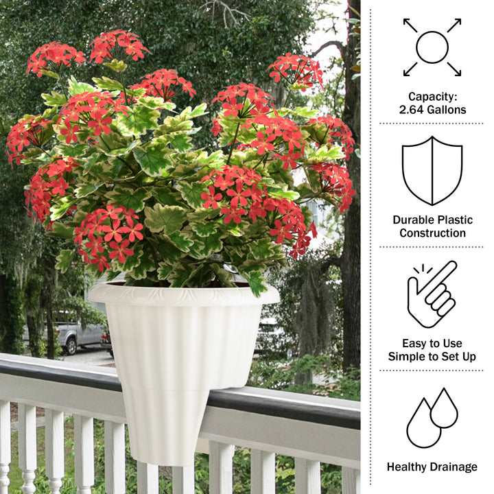 Railing Planter - 13.5-Inch Round Flower Box with Drainage Insert - 2.64-Gallon Outdoor Planter Box for Deck, Porch, or Image 6