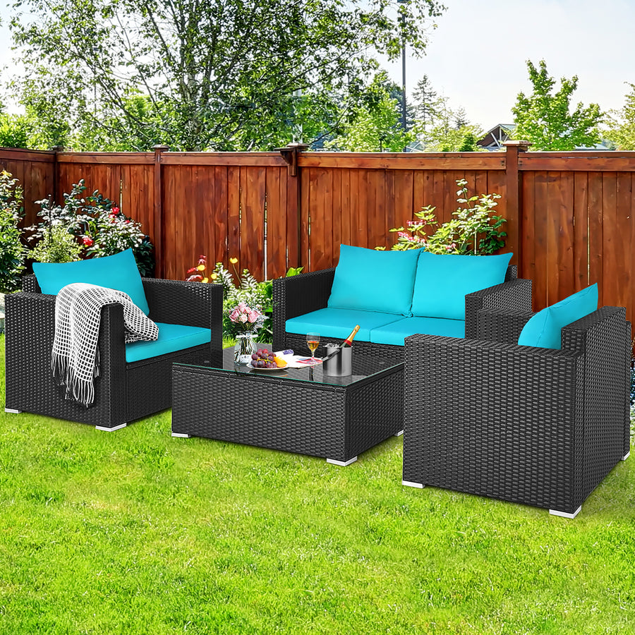 4PCS Patio Rattan Cushioned Sofa Chair Coffee Table Turquoise Image 1