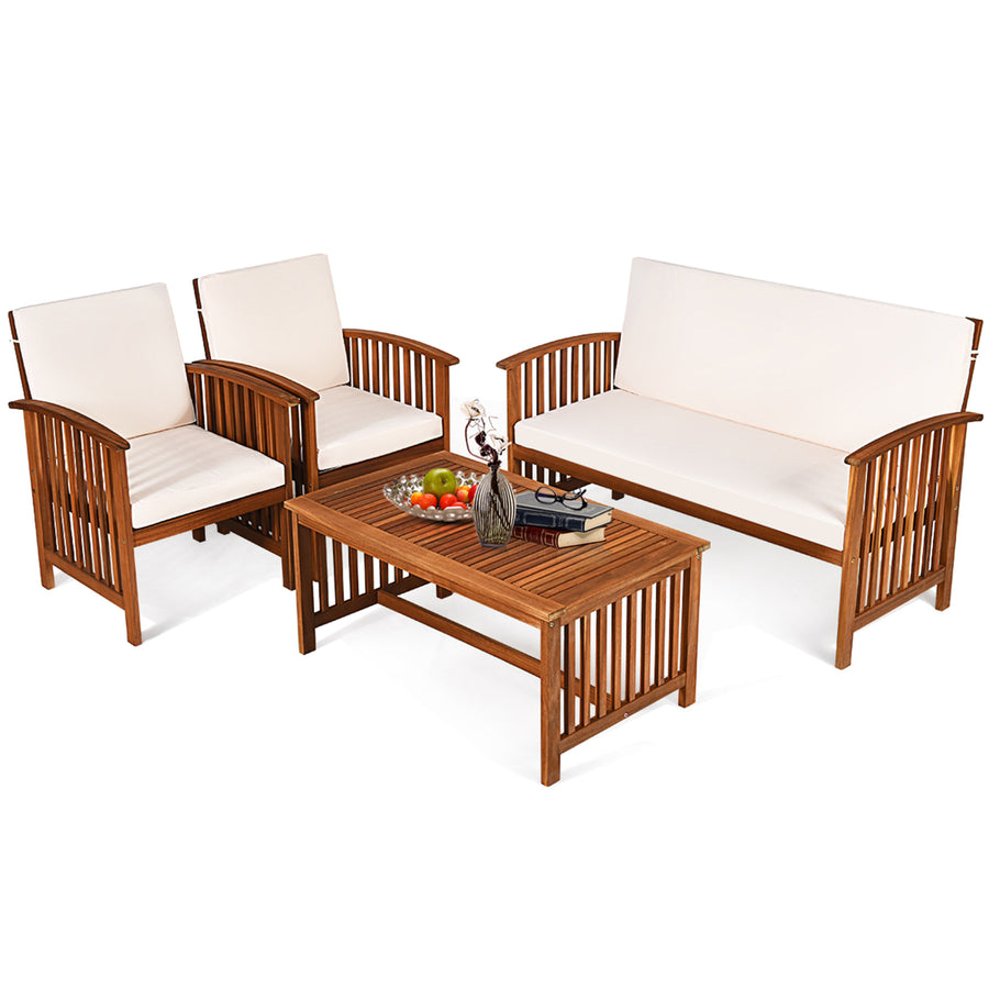 4PCS Patio Solid Wood Furniture Set Conversation Coffee Table W/White Cushion Image 1