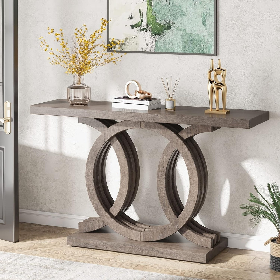 Tribesigns 55.11" Console Table with Unique Base, Wood Entryway Sofa Behind Table Image 1