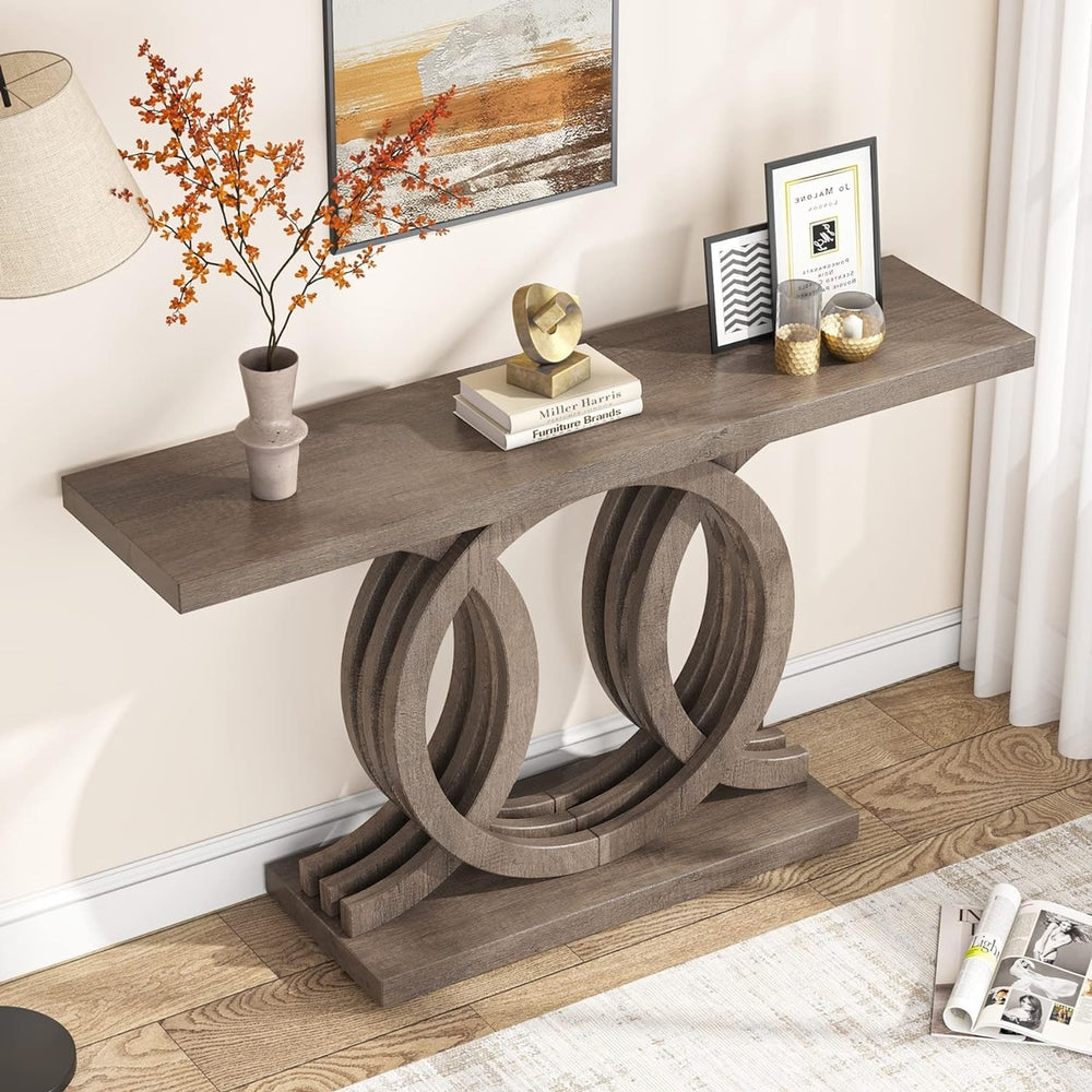 Tribesigns 55.11" Console Table with Unique Base, Wood Entryway Sofa Behind Table Image 2