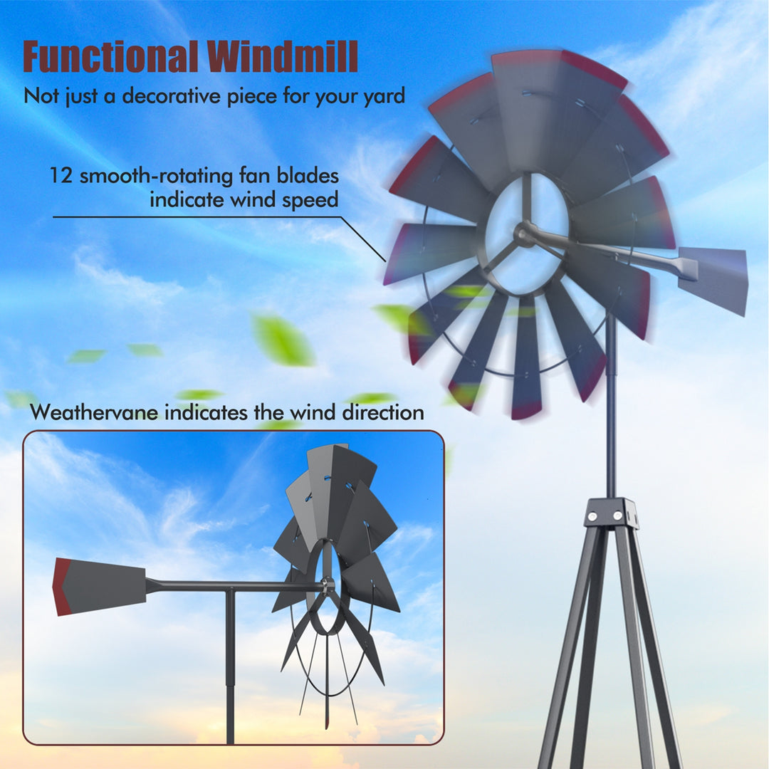 8Ft Tall Windmill Ornamental Wind Wheel Silver Gray And Red Garden Weather Vane Image 7