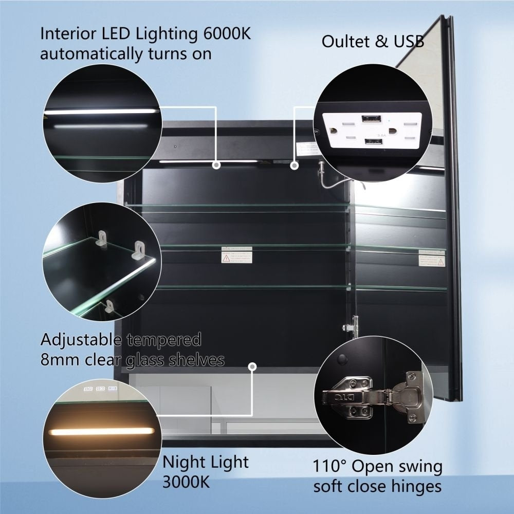 Ample 24x32 Lighted Black Medicine Cabinet with Double Sided Mirror and USB Ports Image 7