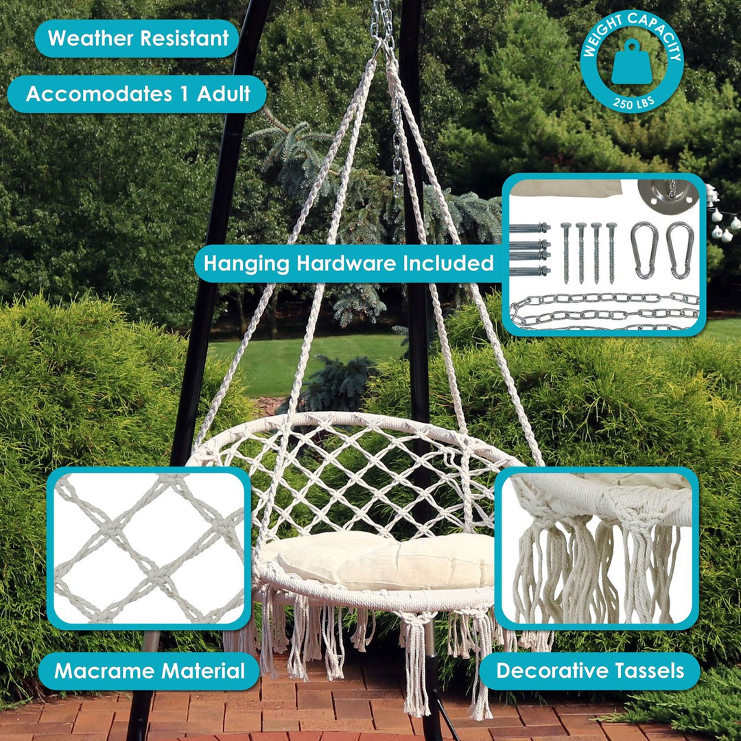 Sunnydaze Cotton Rope Macrame Hammock Chair with Tassels/Cushion - Cream Image 4