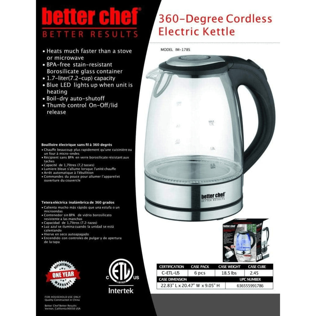 Better Chef 1500W 7-Cup Cordless Electric Glass Kettle 360 Swivel Base IM-178S Image 5