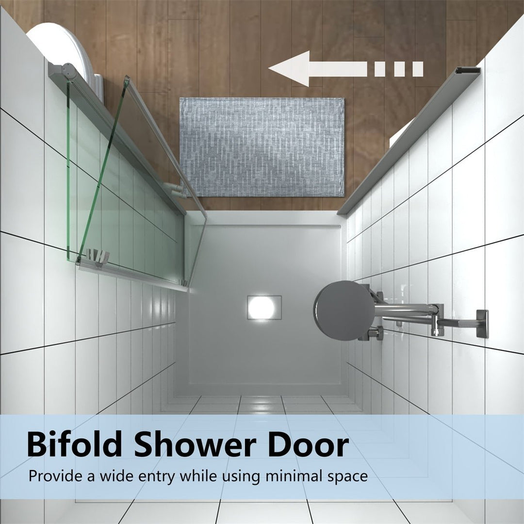 Exbrite Adapt Bifold Shower Door 32-33 in.W x 72 in.H Pivot Swing Shower Doors,Brushed Nickel,Tempered Glass Image 6