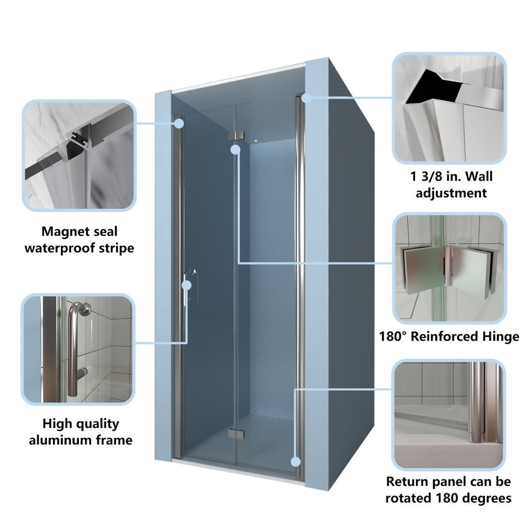 Exbrite Adapt Bifold Shower Door 32-33 in.W x 72 in.H Pivot Swing Shower Doors,Chrome,Clear Tempered Shower Glass Image 3