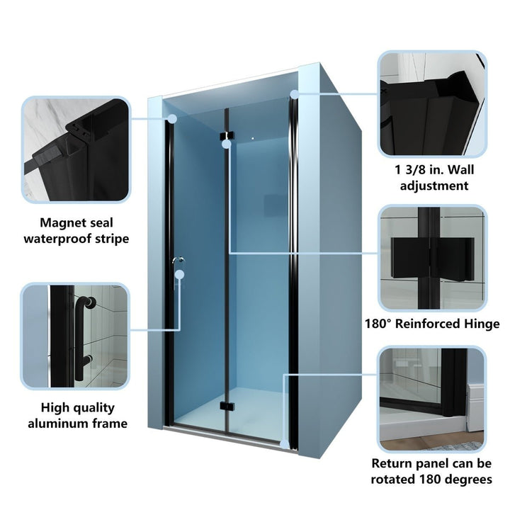 Exbrite Adapt Bifold Shower Door 32-33 in.W x 72 in.H Pivot Swing Shower Doors,Matte Black,Tempered Shower Glass Image 3