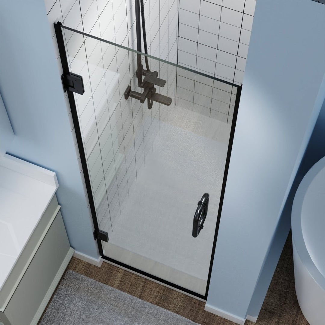 Gemini 24in x 72in Black Semi-Frameless Hinged Shower Door Clear Glass Panel Image 11