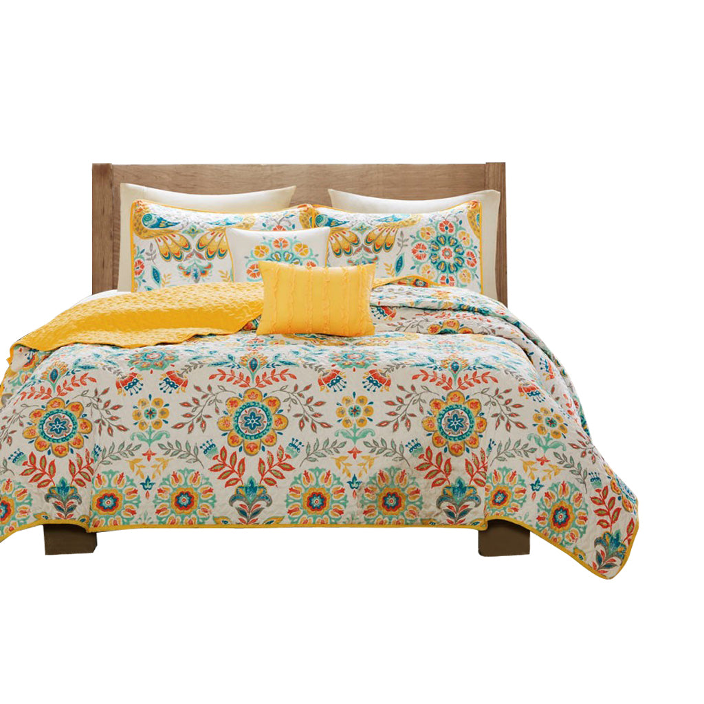 Gracie Mills Reilly Boho Quilt Set Twin Yellow Microfiber Floral Medallion GRACE-12031 Image 1