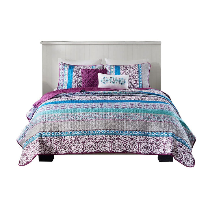 Gracie Mills Merewen Reversible Quilt Set Purple Twin with Throw Pillows GRACE-12032 Image 1